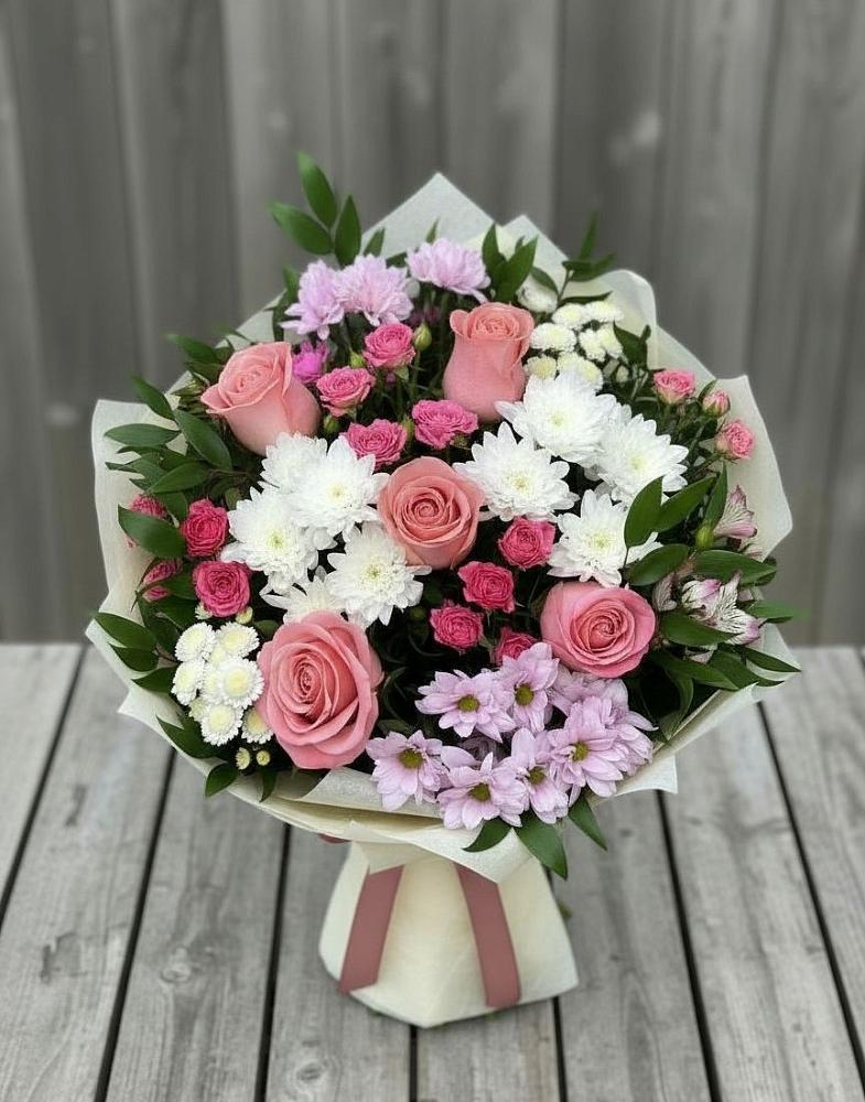 Букет цветов из: Альстромерии, Гвоздики, Розы и Хризантемы в Тропарево