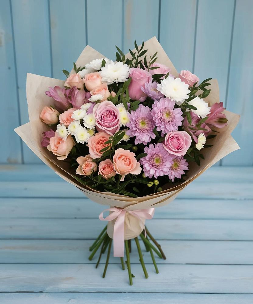 Букет цветов из: Хризантемы, Розы и Альстромерии в Тропарево