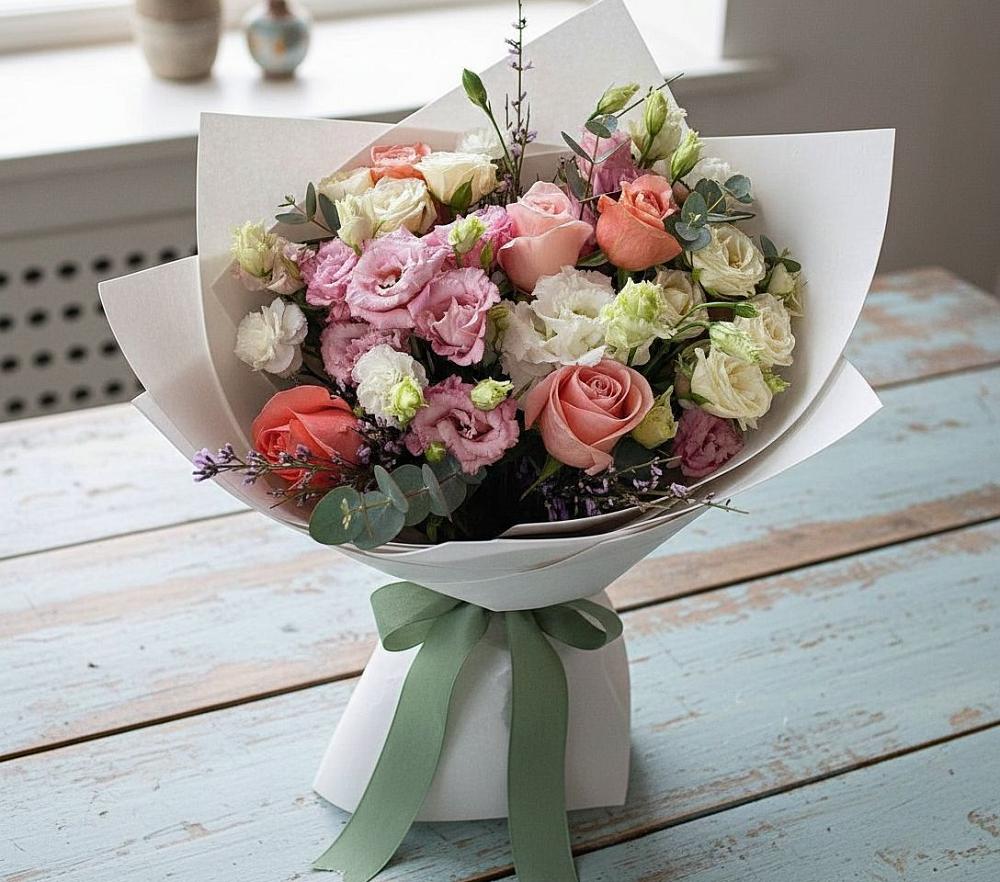 Букет цветов из: Розы, Лизиантусы и Гвоздики в Тропарево