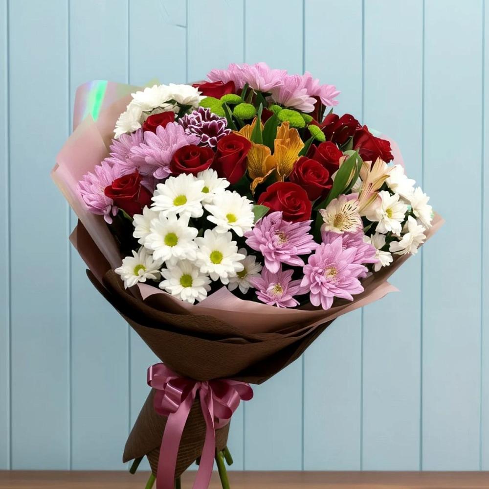 Букет цветов из: Розы, Хризантемы и Альстромерии в Тропарево