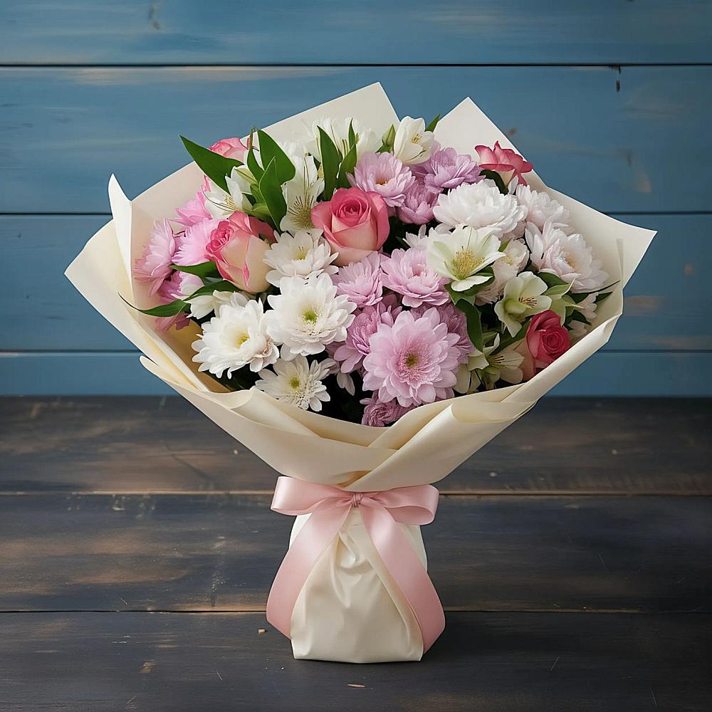 Букет цветов из: Хризантемы, Альстромерии и Розы в Тропарево